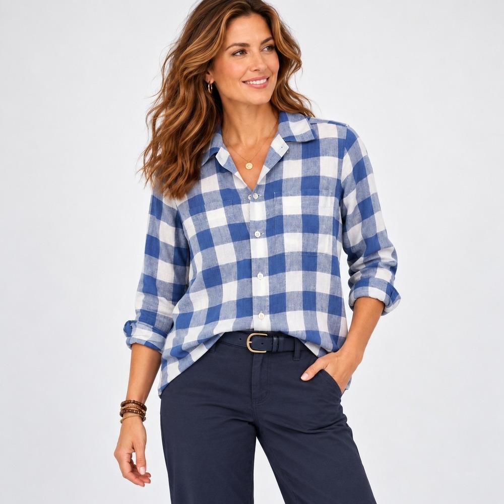 Ralph Lauren Gingham Check Linen Blouse Womens 4 Blue White Button Up Shirt